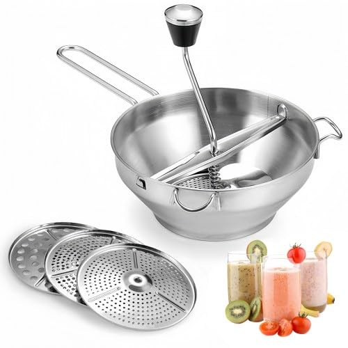 Volumoon Passiergerät Edelstahl, Passiermühle mit 3 Siebeinsatz Lochscheiben, Einfaches Mahlen, Kartoffelpresse Passiersieb, Classic Manuelle Gemüsemühle für Püree, Marmelade, Babynahrung