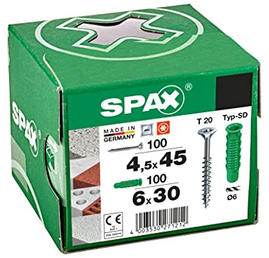SPAX Dübel-Schrauben-Set Ø6 200 Teile, Spreiz-Dübel Typ SD 6x30, Universalschraube 4,5x45, WIROX A9J, T-STAR plus T20, zur Befestigung in Beton, Vollstein, Lochstein und Porenbeton - 5000001200015