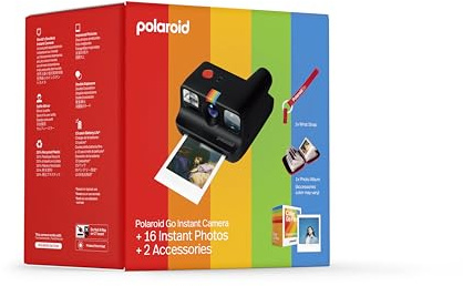 Polaroid Go Generation 2 - Mini Instant Camera Black + Film Bundle (16 Photos Included) and Go Accessories (Photo Album+Wrist Strap) Random Color for Accessories - 6541