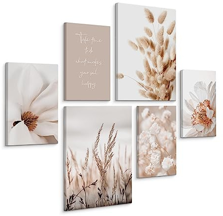 Muralo - Wandbilder Set - Leinwand Bilder Aufhängefertig in Boho Stil - das Leinwandbilder - Bilder für Wohnzimmer - Modernes Boho Set - Beige - 2 Bilder 30 x 40 cm und 4 Bilder 20 x 30 cm