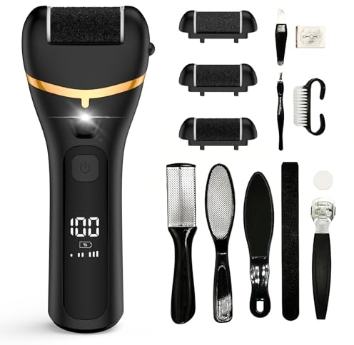 Hornhautentferner Elektrisch, Pediküre Set Fußpflege Elektrisch mit 3 Rollen,3 Gear USB Elektrischer Hornhautentferner Callus Remover für Rissige Fersen, Abgestorbener, Hornhaut LED Licht(Black)