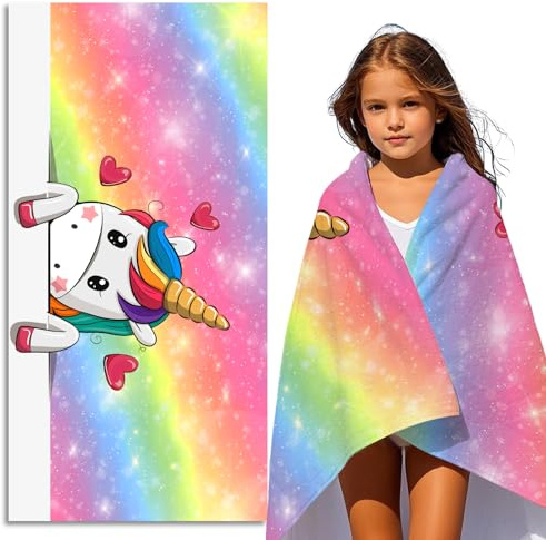 FEELJAM Kinder-Strandtuch, schnelltrocknendes Badetuch, Strandtuch für Jungen und Mädchen, Badetuch für Damen (Buntes Einhorn, 70 * 140cm)