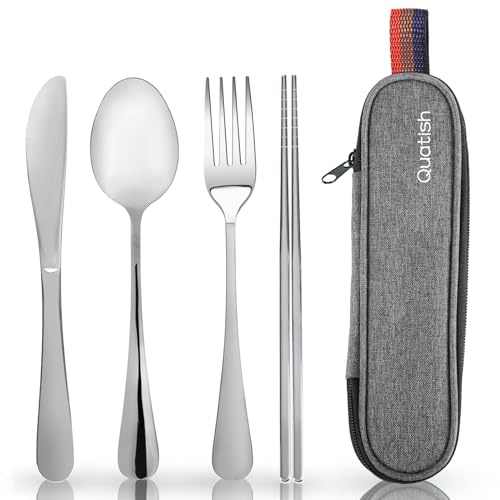 Quatish Camping Besteck, 5 Stück Edelstahl Reisebesteck mit Etui, Besteckset to Go, Campingbesteck für Unterwegs, Outdoor, Reise, Arbeit, Schule, Reise Gadgets, Silber