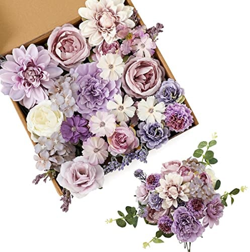 Kisflower Künstliche Blumen Lila Seidenkünstliche Rosen Kombination Pfingstrose für DIY Hochzeit Brautstrauß Party Hausdekorationen (Lila)