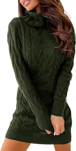 Ebifin Strickkleid Damen Rollkragen Strickpullover Elegant Jumper Kleid Pullikleid Winterkleid Stretch Sweater Dress.Armee-Grün.M