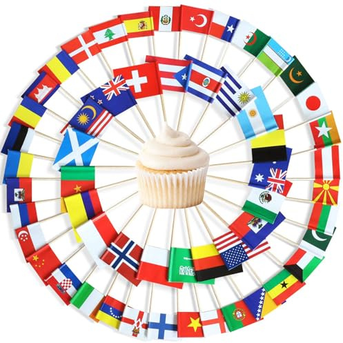 100 Stück Internationale Cocktail Flaggen, Verschieden Länder Flagge Cupcake Topper, Klein Zahnstocher Picker für Snacks Fingerfood, Flaggen für Olympia & Europameisterschaft