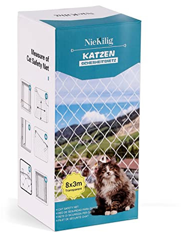 NieKilig Katzennetz für Balkon ohne Bohren, 8x3m Katzengitter Fenster, Transparentes Katzenschutznetz für Katzen zur Sicherung von Balkon, Terrassen, Fenstern, Dachluken, Türen