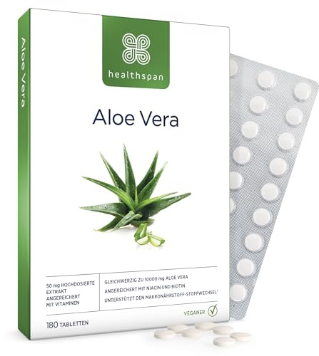 Healthspan Aloe Vera 10.000 mg (180 Tabletten) | Unterstützt den normalen Stoffwechsel | Reines Aloe-Vera-Gel | Trägt zu einem normalen Immunsystem bei | Mit B-Vitaminen | Vegan