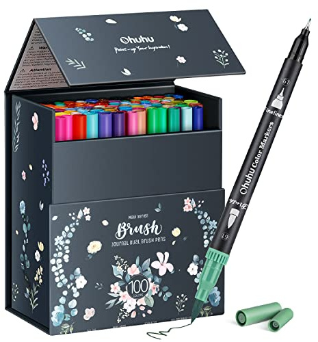 Ohuhu 100 Farben Filzstifte, Dual Brush Pen Set mit Doppelspitze (Pinsel & Fineliner), wasserbasierte Stifte für Erwachsene – Ideal für Bullet Journal, Kalligraphie Mandala, Maui Serie