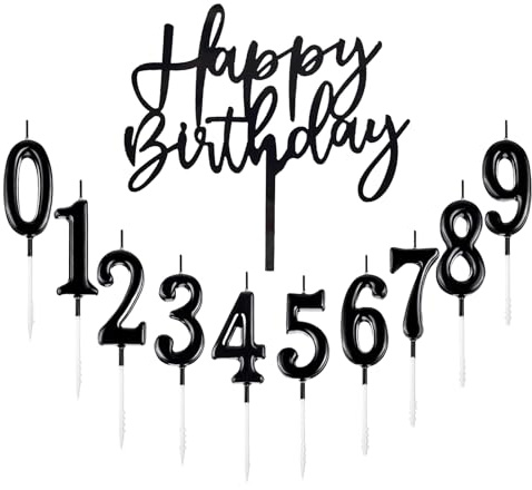 Bolosa 10 Stück Geburtstagskerzen Zahlen 0-9, Kerzen Geburtstag Schwarz mit Acryl Glitter Cupcake Topper, Happy Birthday Tortendeko, Geburtstag Deko, Kuchen Deko für Mädchen, Kinder, Hochzeit
