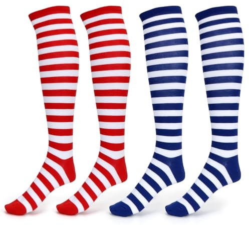 Meleager Ringelsocken Kniestrümpfe, 2 Paar Gestreifte Socken, Ringelsocken Rot Weiß, Blau Weiß für Herren(41-46), Ringelstrümpfe für Fasching, Karneval, Schlafanzugparty, Mottopartys