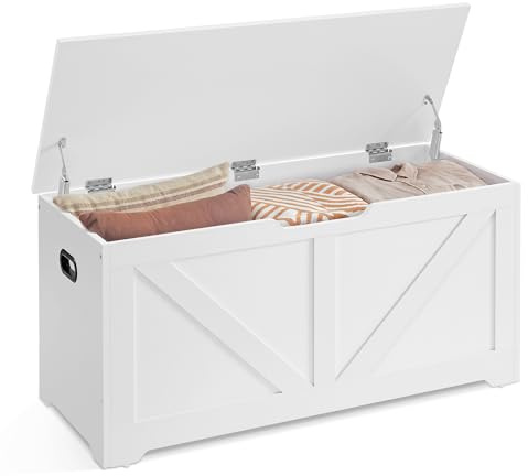 VASAGLE Schuhbank, Sitzbank mit Stauraum, Sitztruhe, 2 Sicherheitsscharniere, Aufbewahrungsschrank, Landhausstil, 40 x 100 x 46 cm, für Flur, Schlafzimmer, Wohnzimmer, wolkenweiß LSB060T14