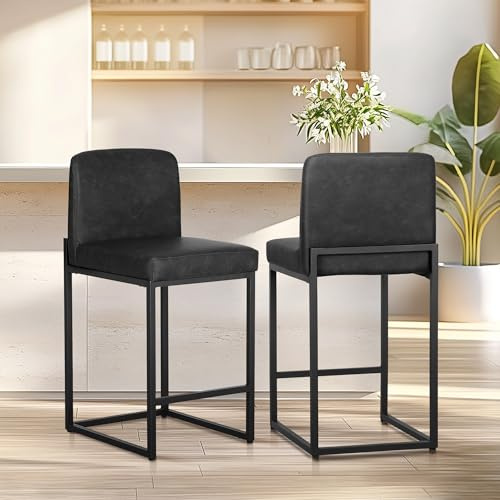 ALPHA HOME Barhocker 2er Set mit Lehne Pu-Leder Küchenhocker, Schwarz