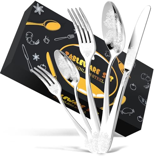 DRAGON RIOT Besteck Set 12 Personen - 60 teilig Edelstahl Besteckset, Silberbesteck mit Messer Gabel Löffel, Hochwertiges Essbesteck, Cutlery Set für Haushalt/Party/Restaurant