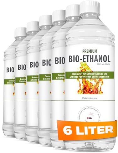 HaA Bioethanol 96,6% Premium 6 x 1L – Für Bioethanol Kamin & Tischfeuer Indoor – Bio Ethanol für Tischkamin Indoor & Outdoor - Geruchsarm & rückstandsfrei – aus nachwachsenden Rohstoffen