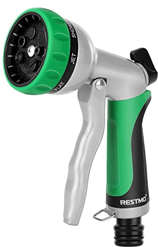 RESTMO Gartenbrause & Gartenspritze, Heavy Duty Metall Handbrause Garten | Gartenschlauch Spritze, 7-Funktionen Spritzdüse, Einstellbarer Wasserdurchfluss für Bewässerung, Autowaschen, Grün