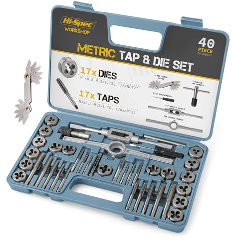Hi-Spec Gewindeschneider Set Werkstatt 40 Teilig Metrischer Gewindeschneidsatz im Koffer mit Gewindebohrer Set für Innen und Außengewinde Gewindeschneider für Reparatur und Wartung