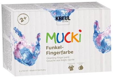 KREUL 2319 - MUCKI Funkel-Fingerfarbe, 6 x 150 ml, auf Wasserbasis, schimmernde Fingermalfarben für Kinder ab 2 Jahren