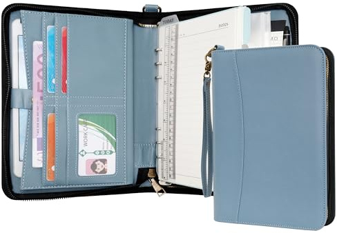 WASON A5 Ringbuch mit Reißverschluss Portfolio - Kunstleder Notizbuch Schreibmappe Padfolio mit Abnehmbarem Nachfüllbarem Schreibblock für Business Studium und Reiseorganizer (Nebelblau)
