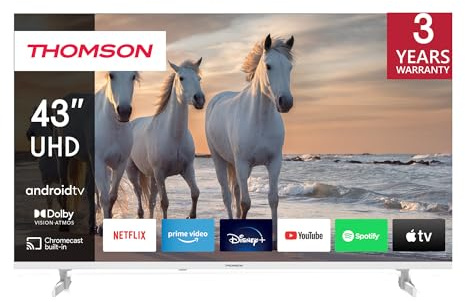 Thomson 43 Zoll (109 cm) 4K Ultra HD Weiß Smart Android TV, Google Assistant, Wi-Fi, Dolby Digital, Bluetooth, Triple-Tuner (Kabel,Satellit,Antenne), HDMI, CI+, A+ Panel – 43UA5S13W