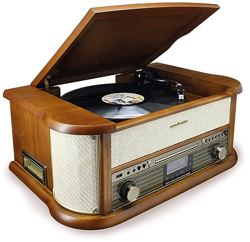 Soundmaster NR566BE 7-in-1 Nostalgie Stereoanlage mit Plattenspieler Audio Technica Magnettonabnehmer | Digitalradio DAB+ | CD-MP3 | USB | Kassette | Bluetooth | Digitalisierungs-Funktion | Equalizer