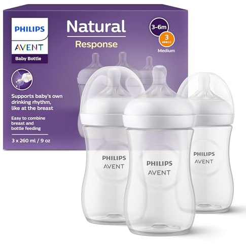 Philips Avent Natural Response Babyflasche mit 260 ml mit Saugern für mittleren Nahrungsfluss (Durchflussrate 3), 3er-Pack, SCY903/03