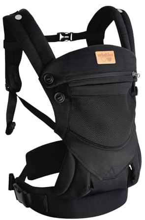 vrbabies Babytrage für Neugeborene ab Geburt, Weich Atmungsaktiv Babytrage mit verstellbarem Hüftgurt Schulterriemen und Kapuze, Schwarz Baby Trage Vorne und Hinten Tragen für Babys 4-20kg