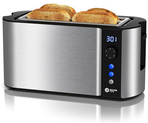 Balter Toaster 4 Scheiben, Langschlitz, Edelstahl, Brötchenaufsatz, LCD Display mit Restzeitanzeige, Auftaufunktion, Brotzentrierung, Krümelschublade, TS-04-LCD, Farbe: Silber