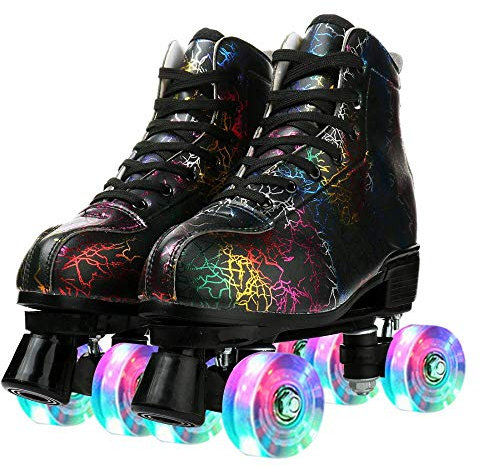 Unisex Roller Skates Double Raw Four Wheels Classic High-top PU Leather Lighting Roller Skates Shoes for Beginner Womens Mens Boys Girls Indoor and Outdoor (Lightning black flash wheel,45)