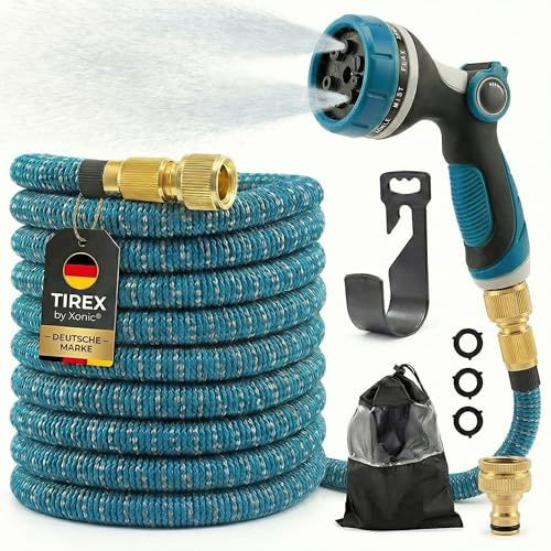 TIREX by xonic® Flexibler Gartenschlauch mit 10 verschiedenen Strahlarten – leichter Wasserschlauch flexibel mit 3-fach Latexkern – dehnbarer Flexschlauch/Gartenschlauch flexibel (Blau, 15m)