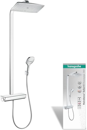 hansgrohe Raindance Select E - Duschsystem mit Thermostat, Regendusche (360 x 190 mm) mit Armatur, Handbrause (3 Strahlarten), Schlauch, Brausestange und eckiger Kopfbrause, Chrom, 27112000