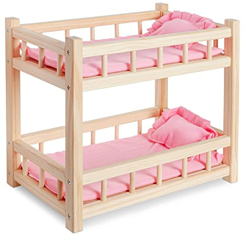 Holz Puppenetagenbett - Puppenbett für Puppen bis zu 36 cm - Kreatives Spielen mit Puppenmöbeln Rosa