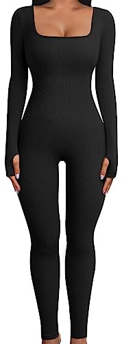 Yuson Girl Jumpsuit Damen Lang Sport Yoga Bodysuit Overall Stretch Jumpsuits Eng Quadratischer Hals Langarm Jumpsuit Einteiligem Workout Playsuits Sportkleidung Frauen Set(Schwarz, S)