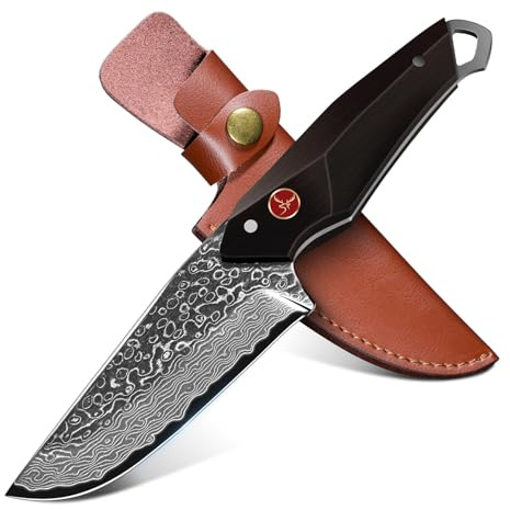 TAN REN Damastmesser Jagdmesser，Outdoor Messer Feststehende Klinge Scharfes, Survival Messer Outdoor, D2 Stahl Überlebensmesser mit Lederscheide Bushcraft Messer für Wandern, Angeln und Jagd