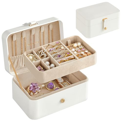 SONGMICS GISELLA Kollektion - Schmuckkästchen Reise mit 2 Ebenen, Schmuckkasten klein, Schmuckaufbewahrung, tragbar, für größere Accessoires, Geschenkidee, 11,6 x 16 x 7,5 cm, wolkenweiß JBC166W01