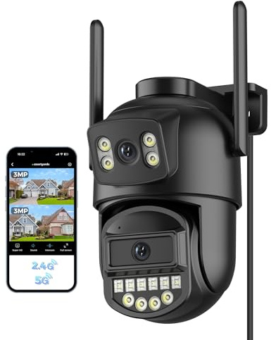 Reobiux Überwachungskamera Aussen,Mit Dual-Objektiv 6MP,2.4/5Ghz WLAN,Kamera Überwachung Aussen,360° PTZ,Ethernet,Farb-Nachtsicht,Zwei-Wege-Audio,Sirenenalarm,Kabel für Garage/Garten/haustür,IP66