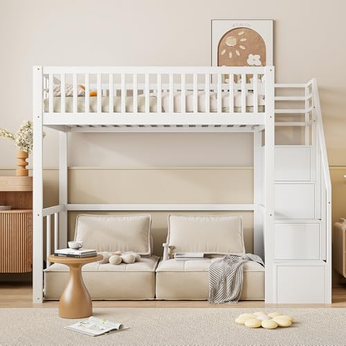 Moimhear Hochbett 90x200cm mit Sicherheits-Aufbewahrungsleiter, Bettgestell aus massivem Kiefernholz für Kinder und Jugendliche (weiß)