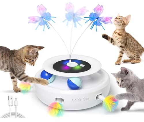 GoldenSun Katzenspielzeug, 3 in 1 Elektrisch Interaktives Automatischer Spielzeug für Katzen, Whack-A-Mole, Fluttering Butterfly, inklusive Ball, USB Wiederaufladbar Katzen Teaser mit 4 Aufsätzen