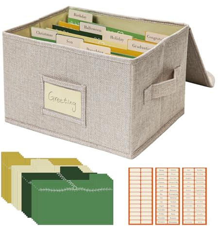 Vienrose Grußkarten-Organizer, Aufbewahrungsbox mit 20 Herausnehmbaren Trennwänden, 84 Selbstklebenden Etiketten, Perfekt für Fotos, Umschläge, Scrapbooking, Papier, Aufkleberhalter, 1 Packung, Beige
