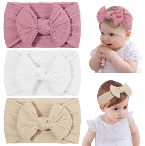 DiULi Baby Stirnbänder, 3 Stück Baby Turban Stirnband mit Bögen, Elastische Haarbänder für Neugeborene, Kleinkinder, Super Weiche(Set B)