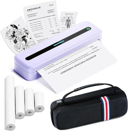 Thermodrucker A4 Unterwegs, Mobiler Drucker A4 mit Tragbarer Tasche, 300 dpi Reisedrucker, Portable Thermo Drucker Kompatibel mit Windows/macOS/iOS/Android (Lila, 1 Drucker + 4 Rollen Thermopapier)