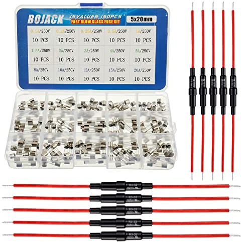 BOJACK 5x20 mm Sicherungshalter Inline-Schraubentyp mit rotem Draht mit 16 AWG + 15 Werten 150 Stück 5x20 mm schnelle Blasglas-Sicherungen 250 V 0,1-20A Sortimentskit