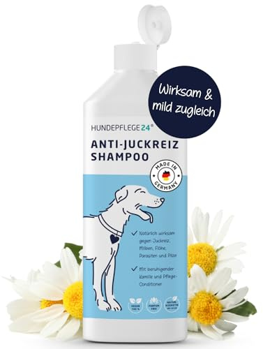 Natürliches Hundeshampoo gegen Juckreiz 3in1 - Mit Fellglanzformel und integriertem Conditioner - Unterstützend bei Milben, Flöhe & Pilzbefall - Shampoo für Hunde, Katzen und Jungtiere 500ml