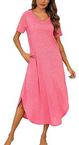 Nieery Nachthemd Damen Lang Baumwolle V-Ausschnitt Sommer Große Größen Kurze Ärmel Lose Schlafshirt Nachtkleid Lässig Nachtwäsche mit Taschen S-3XL