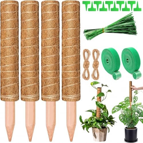 ZZQVIP Pflanzstäbe Kokos Moosstab,4 PCS 40 cm Pflanzstab Monstera Rankhilfe Zimmerpflanzen, Kokosstab Monstera mit Zubehör, Kletterpflanzen Natürlicher Pflanzenstütze - Ausziehbar und Abnehmbar