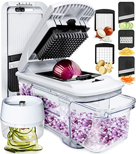 Fullstar Gemüseschneider und Mandoline Gemüsehobel - Julienne- und Würfelschneider für Gurken Zwiebeln Kartoffeln Früchte - Reibe für Gemüse Käse - Küchenzubehör Küchengeräte (Alles-in-1 Weiß)