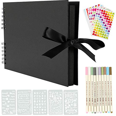 YILEEY Fotoalbum zum Selbstgestalten Scrapbook 80 Schwarze Seiten Fotobuch | Schwarze / 28x21cm Fotoalben / DIY Geschenk Scrapbooking Set mit Stiften Schablonen Aufkleber Fotoecken