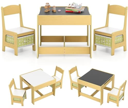 GOPLUS 3tlg. Kindersitzgruppe, Kindertisch mit 2 Stühlen, Kindermöbel Holz | 3 in 1 Maltisch & Aktivitätstisch & Tafeltisch, Kinderschreibtisch mit Stauraum, Sitzgruppe für Kinder ab 3 Jahren, Grün