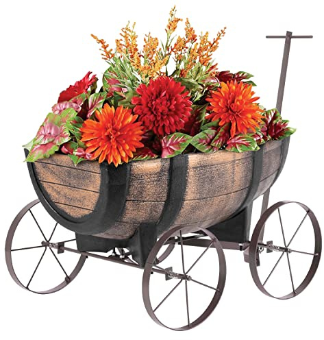 STREND PRO Blumenwagen Whiskyfass - Pflanzwagen auf rädern, Gartendeko Blumentopf Barel - realistischer Blumentopf Holzoptik Planzschubkarre - Leiterwagen Holz, Bollerwagen Holz