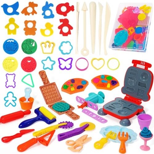 Jiosdo 48 Stück Knetwerkzeug Kinder Kitchen Creations, mit Aufbewahrungsbox | Knete Zubehör Ausstechformen Extruder Modellierwerkzeug Küchenspielzeug Lernspielzeug für Jungen Mädchen ab 3